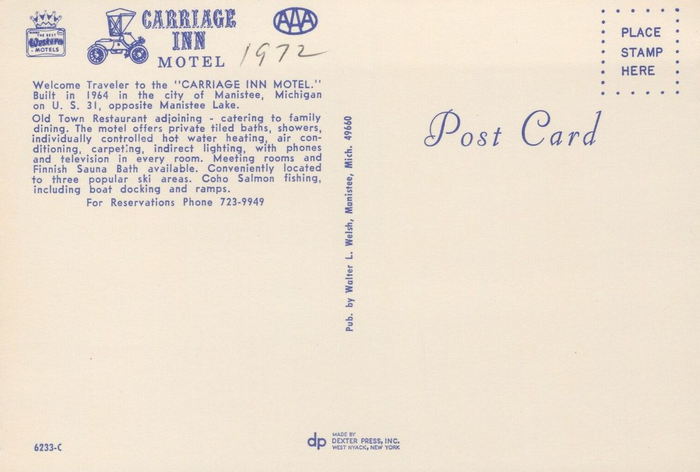 Best Western Manistee Motel (Carriage Inn Motel) - Vintage Postcard (newer photo)